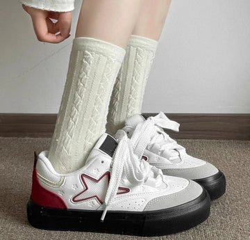 Xajzpa Retro thick soled white shoes for women's spring summer new round toe casual lace up simple comfortable women's board shoes